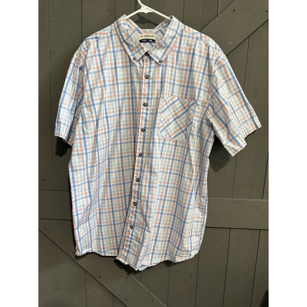 Magellan Outdoors Men's Plaid Button Up Shirt 2XL Classic Fit Blue Orange